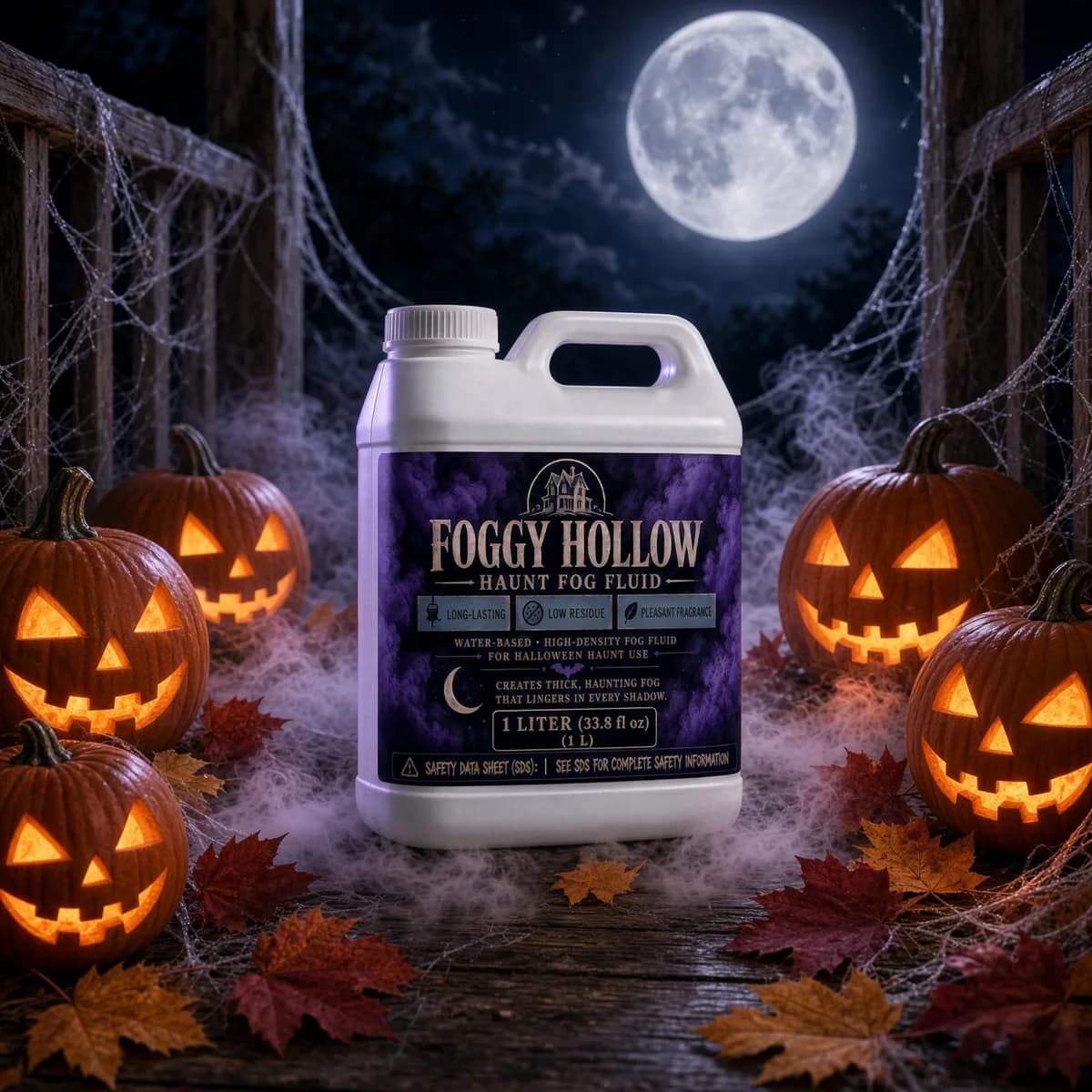 Foggy Hollow jug on a foggy porch surrounded by glowing jack-o'-lanterns under a full moon