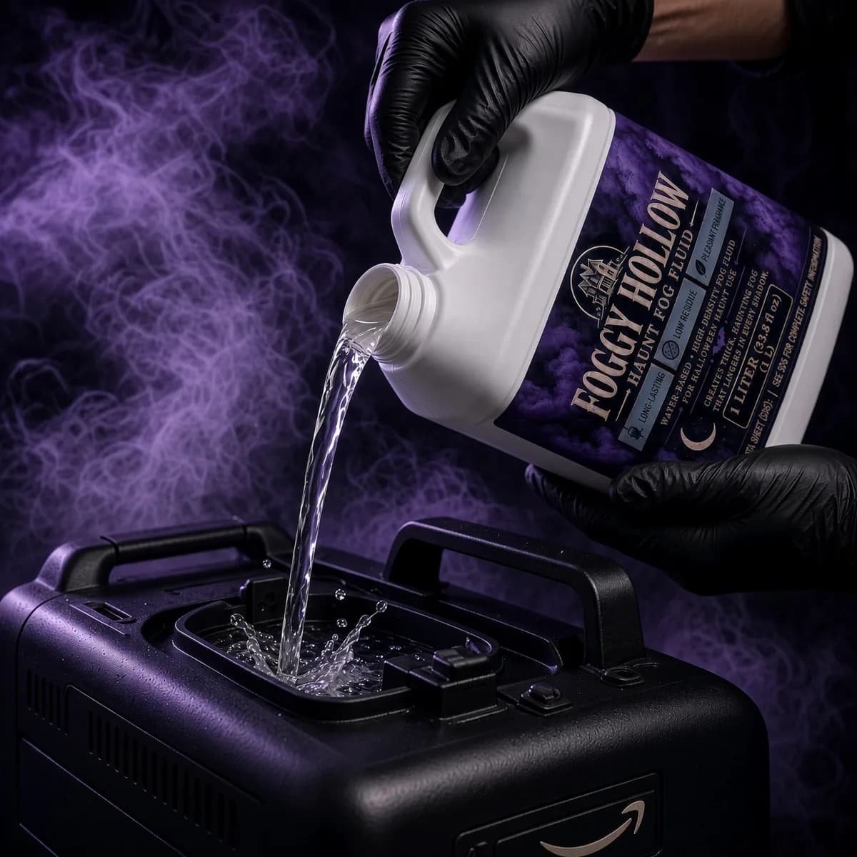 Gloved hands pouring Foggy Hollow fog fluid into the tank of a fog machine